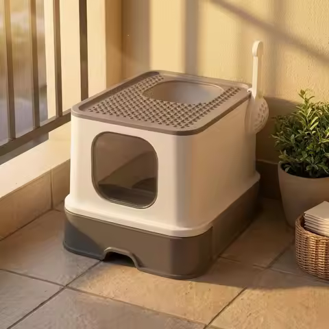 Drawer Style Litter Box with Scoop Holder Enclosed Feline Litter Box Covered Feline Potty Odor Contr
