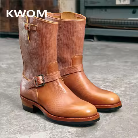 KOWM Cowhide Hiking shoes workwear goodyear shoes trendy ankle shoes walking sneakers Brown trekking