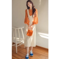 Korean Style Outfit Set: Elegant Orange Shirt Dress Two-Piece Spring Outfit