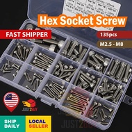 【STOK M'SIA】Skru Enam Segi 135pcs Hexagon Screw Hex Socket Cap Head Hex Screw Stainless Steel Bolts 
