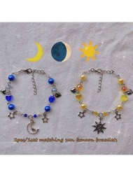 Set de 2 piezas de pulsera temática de sol y luna para la amistad, pulsera de pareja, Set de pulseras con cuentas (Sol y Luna)