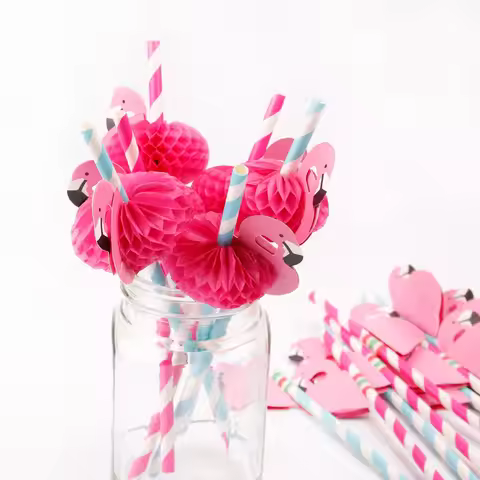 Pink Paper Flamingo Straws Hawaiian Party Decorations Birthday Wedding Paper Drinking Straws Beach S