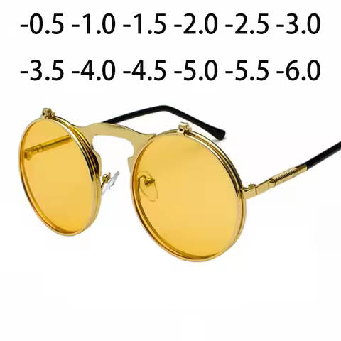 SPH -0.5 to -6 Steampunk Prince Mirror Flip Sunglasses Round Metal Frame Sun Glasses Men Women Brand