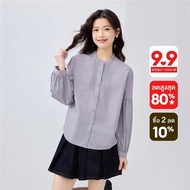 GIORDANO ผู้หญิง  เสื้อเชิ้ต 100% Cotton เสื้อเชิ้ตคอตั้ง จีบ แขนยาว เสื้อเชิ้ตแฟชั่นเรียบง่าย สุภาพ