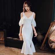 Fishtail off shoulder Midi Split Dinner & ROM dress in white