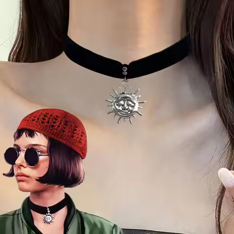 Movie Leon The Professional Matilda Cosplay Choker Punk Necklace Silver Sun Pendant Black Alloy Chai