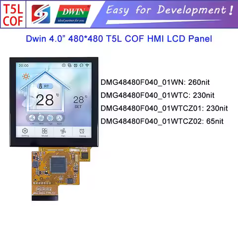 Dwin T5L HMI Intelligent Display, DMG48480F040_01W 4.0" 480X480 COF UART LCD Module Screen Capacitiv