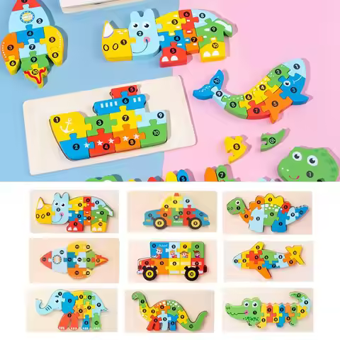 Wooden Puzzle for Toddlers Animals Vehicles Jigsaw Colorful Wood Alphabet Number Preschool Learning 