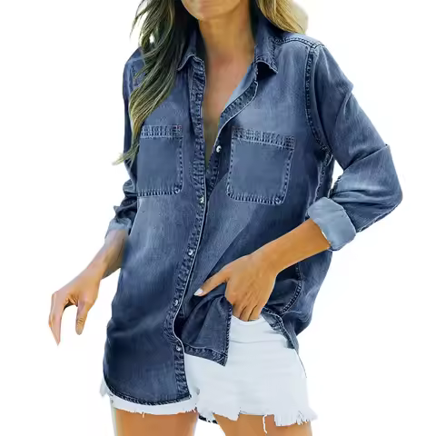 Women's Vinatage Denim Shirts Turn Down Collar Long Sleeve Oversized Blouse With Pockets Office Lady