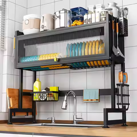 Large 2-Tier Over Sink Dish Drying Rack, 33.66"x31.1"x11.81", Kitchen Space Saver with Cover