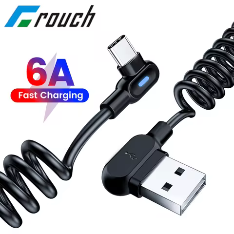 0.4-1.5M Retractable Double Elbow USB Type C Cable 6A Fast Charging USB C Cable 90 Degree Spring Dat