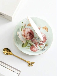 1入組咖啡杯套裝,包含咖啡杯、咖啡匙和托盤,200ml陶瓷手繪金邊印有玫瑰花圖案,適用於下午茶
