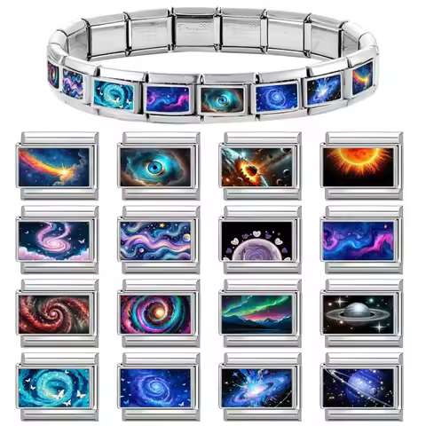 Fashion Galaxy Series Universe Black Hole Women Men Charm Link Fit 9mm Stainless Steel Italian Brace