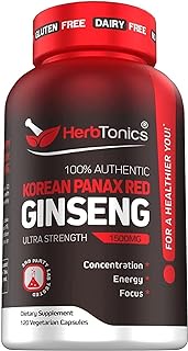 High Strength Korean Red Panax Ginseng Capsules | 1500 mg Supplement | 120 Vegan Pills | with Ginsenosides Powder Extract to Support Energy, Endurance, Mood, Performance