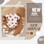 0-9 Months Newborn Baby Boy 4PCS Clothing Set/ Bear Print Short Sleeve Bodysuit+ Plain Color Shorts+