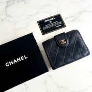 中古Chanel黑色魚子醬皮革中夾 皮夾 錢包 短夾 二手包 小包 古董