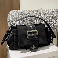 8.2-Saturn Bow Female High-End Suede Melade Retro Belt Buckle Shoulder Armpit Bag