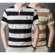 M-5XL Men's Striped Round Neck T-Shirt Short Sleeve Business Polo Casual Embroidery Logo Trendy Comf