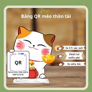 Standee shaped like a talented cat with qr code printed on, durable, beautiful and sturdy mica mater