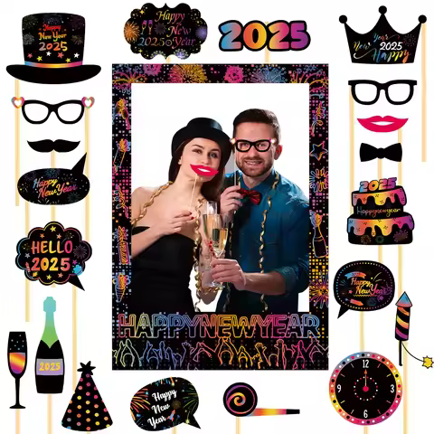 1set 2025 Happy New Year Paper Paper Photo Frame colorful Photo Booth Props New Year Eve Party Decor