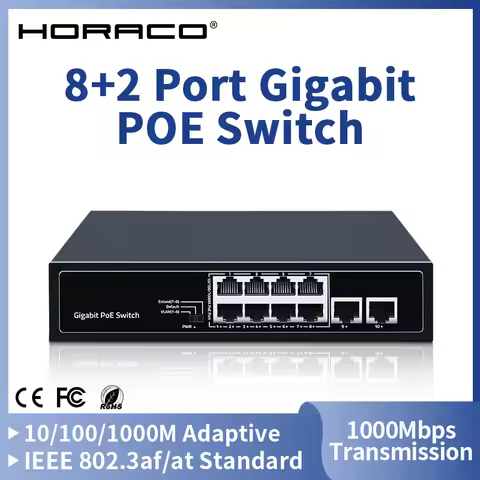 HORACO 8 Port 1000Mbps POE Switch 2 Gigabit Uplink 1000BASE-T RJ45 Networking Switcher 96W Hub Inter