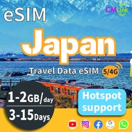 Japan Travel Data eSIM Card with Unlimited (3-15Days 1GB/2GB Daily High-Speed Data+Hotspot+Top-UpQR 