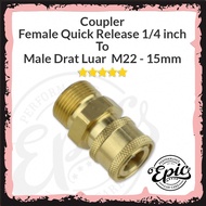 Quick Release Female Coupler 1/ 4 inch To Male External Thread M22 15mm