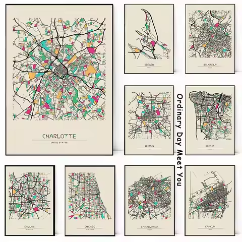 Brussels Cancun Casablanca Dallas Colorful City Maps Poster Canvas Painting Prints Wall Art Vintage 