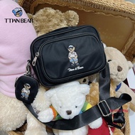 TTWN BEAR กระเป๋าสะพายข้าง2ซิป 8.5นิ้ว สายสปอร์ต แถมใบลูก1ใบ ผ้ากันน้ำปักหมี