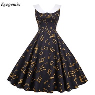 Women Summer Golden Music Note Print Dress 50s 60s Robe Retro Swing Casual Vintage Sleeveless Party