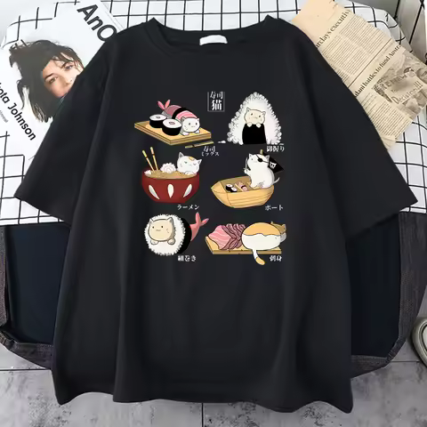 Food Cute Cat Sushi Cartoon Style Women Short Sleeve Harajuku Casual All-math T-Shirts Oversize Fash