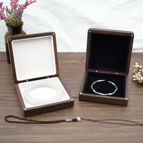 HeMu Walnut Wood Bangle Jewelry Box, Flocked Lining Square Storage Case for Jade Bangle Silver Brace