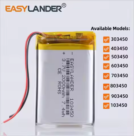 303450 403450 603450 703450 803450 903450 3.7V 2000mAh 103450 123450 Lithium Li-ion Polymer Battery