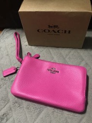 COACH 經典LOGO L型雙層拉鍊手拿零錢包-桃紅色