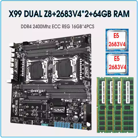 X99 DUAL Z8 Motherboard Set kit with 2 Pcs xeon E5 2683 V4 CPU and 64GB(4*16GB) DDR4 2400MHz ECC RAM