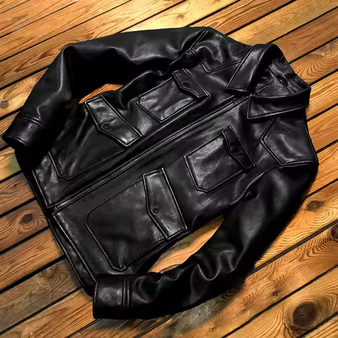 2025 Luxury Genuine Leather Men's Notched Collar Slim-Fit Multi-Pocket Safari Goatskin Biker Jacket 