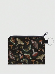 ROMWE Avant 黑色蝴蝶與蘑菇圖案的聚酯纖維可攜式拉鍊包,女性的小錢包,假日禮物