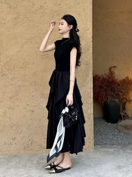 ,,, Designer Style Irregular Hem Dress 2024 Summer Fashion Niche Design Mid-Length Little Black Dress