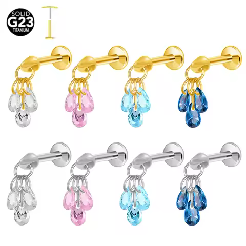 ASTM F136 G23 Titanium Teardrop Zircon Pendant Flat Earring Cartilage Push in Labret Stud Piercing