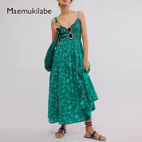 Maemukilabe Women Beach Style Holiday Maxi Dress Floral Spaghetti Straps Backless Swing Dress Summer