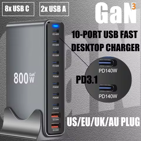 800W GaN Multi-Ports Desktop Charging Station 10 In 1 QC USB C Charger For MacBook Pro/iPhone/Samsun