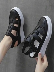 女性夏季新款韓式厚底羅馬涼鞋,中空透氣設計、魔鬼氈、內增高,楔形鞋跟運動鞋,白色
