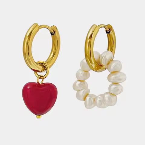Peri'sBox Romantic Elegant Red Heart Acrylic Hoop Earring Freshwater Pearl Huggie Earrings for Women