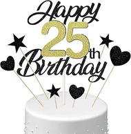 Conruich Cake Decoration 25th Birthday Man, Cake Topper Happy 25th Birthday Black, Glitter Cake Deco