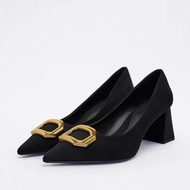 Zara2023 Solid Color Women's Shoes Black Metal Buckle Cashmere Suede High Heels Simple All-Match Single Shoes Women