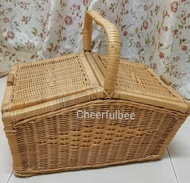 [TRENDS eMart] Rattan Camping Picnic Basket with Lid Handle and Cloth Lining Bakul Rotan Berkelah de