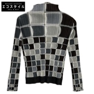 Pleats Please PP41-JK662 Gray Tile Print Mock Neck Long Sleeve Cut-and-Sew Top, Size 3 [Used]