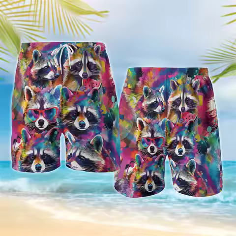Procyon Lotor 3D Printed Beach Shorts Funny Animal Raccoon Graphic Short Pants For Men Clothes Casua