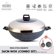 iGOZO Non Stick Granite Wok Non Induction (36cm) [Free 24cm Non Stick Granite Frying Pan +Steam Tray]