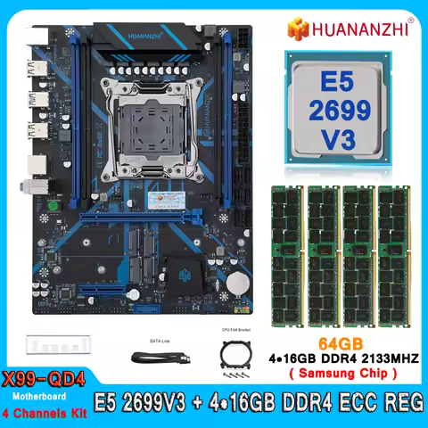 Huananzhi X99 QD4 Motherboard Set Kit With LGA2011-3 Xeon E5 2699 V3 CPU DDR4 64GB (4*16GB) 2133MHZ 